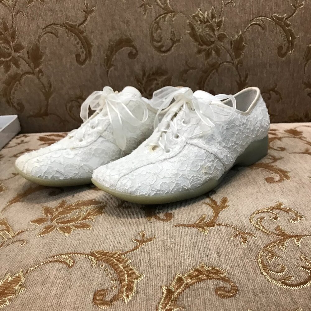 Dye-Able White Lace Satin Sneaker, Ribbon-Tie Formal Dress Wedding Rubber Sole